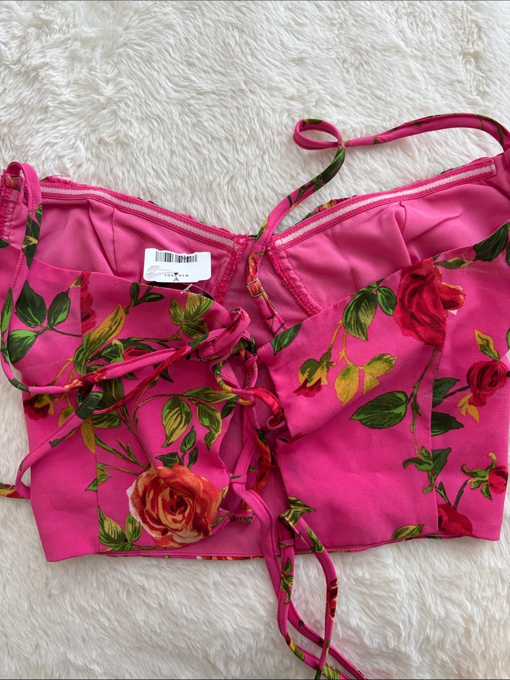 Signature8 Hot Pink Floral Lace-Up Bustier Crop Top